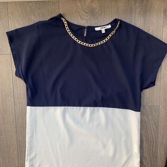 Koton Women’s Blouse Colorblock Gold Chain Short Sleeve Navy White Size 2 - Picture 5 of 12